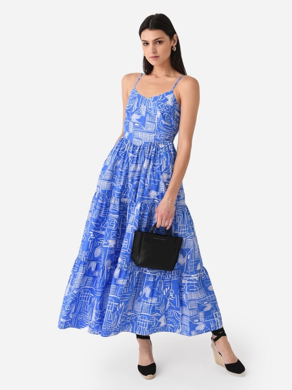 HUNTER BELL Walker Blue Printed Tiered Midi Dress with Spaghetti Straps